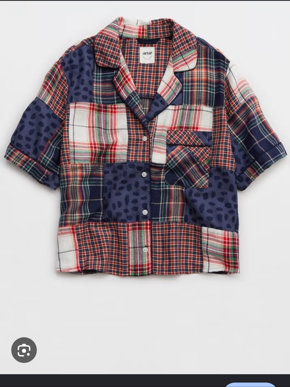 Aerie Patchwork Plaid Leopard Print Short Sleeve Cropped Pajama Shirt Medium
